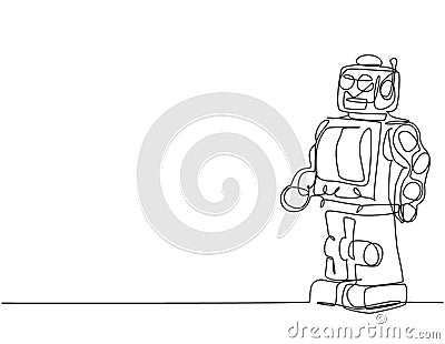 One continuous line drawing of retro old vintage plastic robot toys for boy. Classic robotic toy kids concept single line draw Vector Illustration