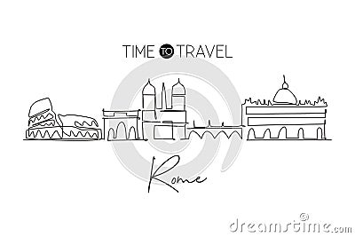 One continuous line drawing of Rome city skyline, Italy. Beautiful Roma skyscraper. World landscape tourism travel vacation wall Vector Illustration
