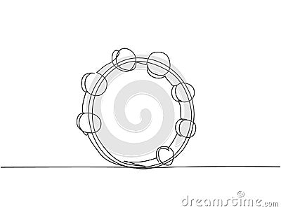 One continuous line drawing of round circle tambourine. Dynamic percussion music instruments concept single line draw graphic Vector Illustration