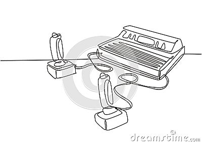 One continuous line drawing set of retro old classic console video game player machine with joystick. Vintage arcade game item Vector Illustration