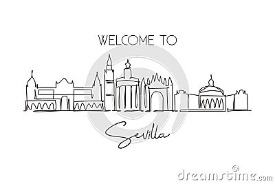 One continuous line drawing of Sevilla city skyline, Spain. Beautiful skyscraper. World landscape tourism travel vacation wall Vector Illustration