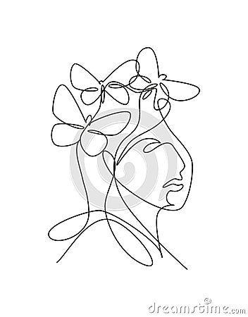 One continuous line drawing sexy woman abstract face with butterfly wings logo. Female portrait minimalist style concept. Cosmetic Cartoon Illustration