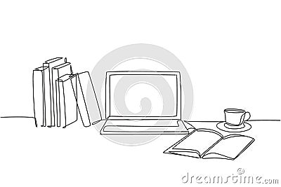 One continuous line drawing of stack of books line up with computer laptop, book and a cup of coffee. Study space desk concept. Vector Illustration