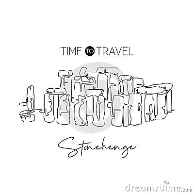 One continuous line drawing Stonehenge site landmark. World iconic place in Wiltshire England. Holiday vacation home wall decor Vector Illustration