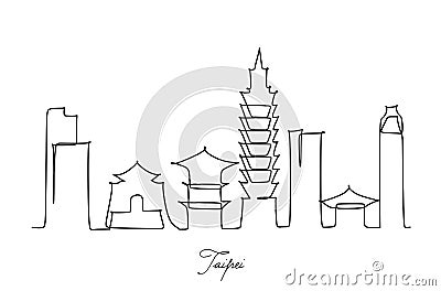 One continuous line drawing of Taipei city skyline, China. Beautiful landmark home decor poster print. World landscape tourism Cartoon Illustration