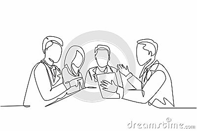 One continuous line drawing team of doctor diagnosing illness while reading patient medical record at the meeting room. Hospital Vector Illustration