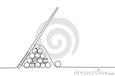 One continuous line drawing of triangle pyramid balls stack for pool billiards game at billiard room. Tournament indoor sport game Cartoon Illustration