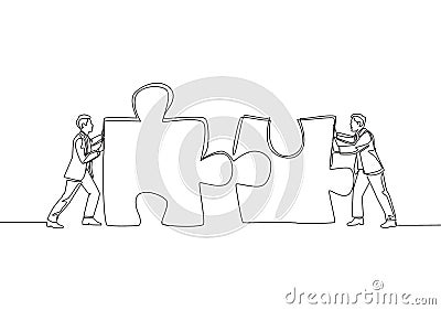 One continuous line drawing of two young businessmen push puzzle pieces to unite them as sign to start business collaboration Vector Illustration