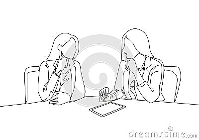 One continuous line drawing of two young happy business woman discussing project contract together during meeting. Business deal Cartoon Illustration