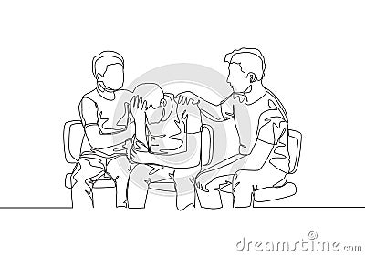 One continuous line drawing of two young male calm down their stressed friend at the sofa after got fired from work. Friendship Cartoon Illustration