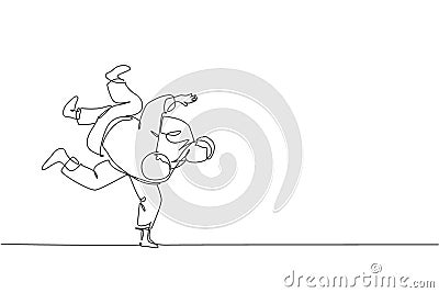 One continuous line drawing of two young sporty men training judo technique at sport hall. Jiu jitsu battle fight sport Vector Illustration