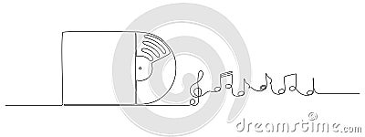 One continuous line drawing of Vinyl LP record. Vintage black disk and Retro sound album in simple linear style Vector Illustration