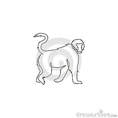 One continuous line drawing of walking baboon for conservation jungle logo identity. Primate animal mascot concept for national Vector Illustration