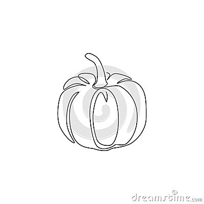 One continuous line drawing of whole round healthy organic pumpkin for orchard logo identity. Fresh autumn fruitage concept for Vector Illustration