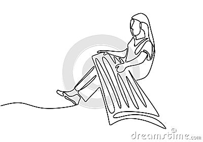 One continuous line drawing of woman with Koto, traditional music of Japanese. A young girl is training to playing traditional Vector Illustration