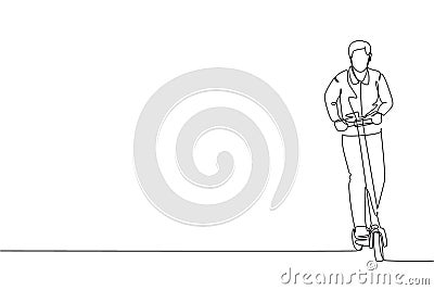 One continuous line drawing of worker man stand and ride electric scooter at outdoor park. Green transportation. Future urban Vector Illustration