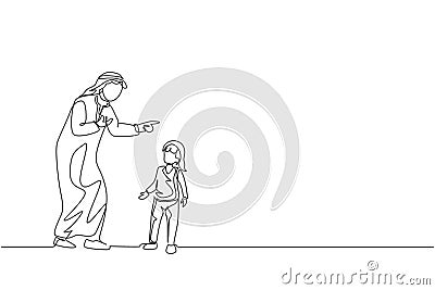 One continuous line drawing of young Arabian father give talk and wise advice to his daughter. Happy Islamic muslim loving Cartoon Illustration