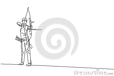 One continuous line drawing of young archer man pulling bow to shooting an archery target. Archery sport training and exercising Cartoon Illustration