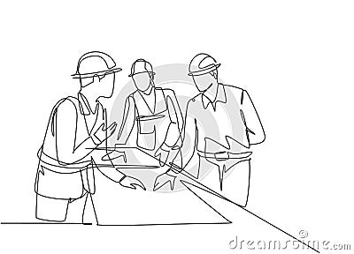 One continuous line drawing of young architects discussing construction design blueprint at office meeting. Building architecture Vector Illustration