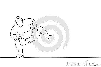 One continuous line drawing of young big Japanese rikishi man prepare to fight at festival tournament. Traditional sumo sport Vector Illustration