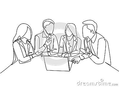 One continuous line drawing of young CEO presenting company business model to female team members at the office. Business meeting Vector Illustration