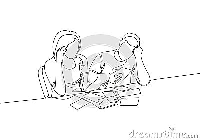 One continuous line drawing of young confused couple sitting on the chair and stressful thinking monthly billed Vector Illustration