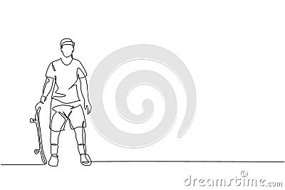 One continuous line drawing of young cool skateboarder man holding skateboard and pose stylish in skatepark. Extreme teenager Vector Illustration