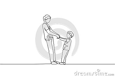 One continuous line drawing of young father and his son holding hands and dancing together at home, family life. Happy parenting Vector Illustration