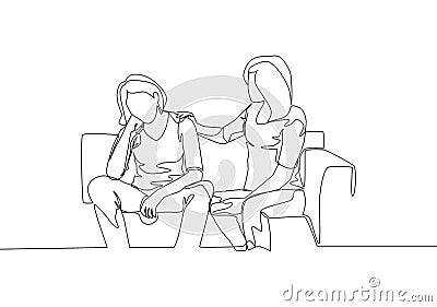 One continuous line drawing of a young female calms her depressed best friend while sitting at the sofa. Friendship consultation Cartoon Illustration