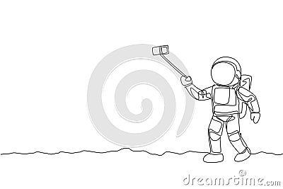One continuous line drawing of young happy astronaut doing selfie shot in moon surface with smartphone. Space man deep space Vector Illustration