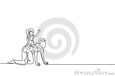 One continuous line drawing of young happy daughter playing with her father at home, siting and riding on father`s back. Family Vector Illustration