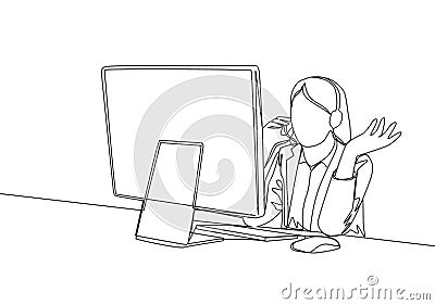 One continuous line drawing of young happy female consultant answering phone call from troubled client. Consultation online Vector Illustration