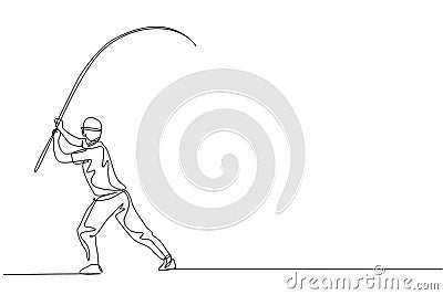 One continuous line drawing of young happy fisherman standing and pull fly fishing on the lake streaming. Fishing leisure hobby Cartoon Illustration