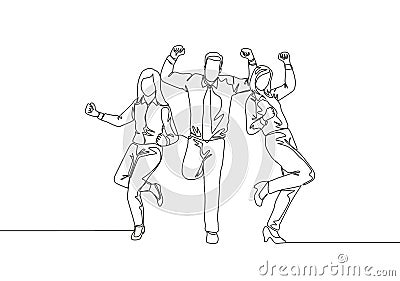 One continuous line drawing of young happy male and female company founder jumping at the meeting room together. Business teamwork Vector Illustration