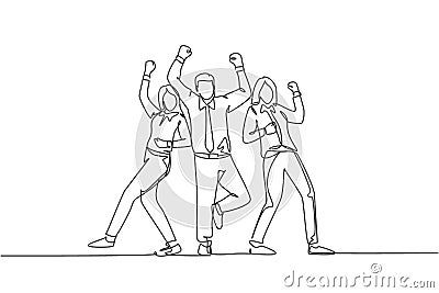 One continuous line drawing of young happy male and female company founder jumping at the meeting room together. Business teamwork Vector Illustration