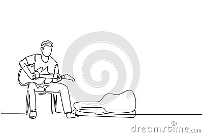 One continuous line drawing of young happy male guitarist sitting and busking by playing guitar on uptown road. Street musician Vector Illustration