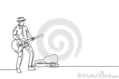 One continuous line drawing of young happy male guitarist standing and busking by playing guitar on city road. Street musician Vector Illustration