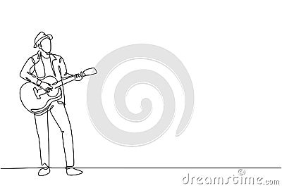 One continuous line drawing of young happy male guitarist wearing hat and playing acoustic guitar on street road. Trendy musician Vector Illustration