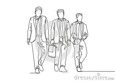 One continuous line drawing of young happy male marketer managers walking together and discussing new marketing strategy Vector Illustration