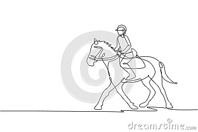 One continuous line drawing of young horse rider man in action. Equine training at racing track. Equestrian sport competition Cartoon Illustration