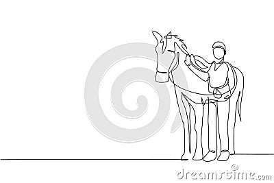 One continuous line drawing of young horse rider man rubbing and stroking horsehair at stable. Equine care. Equestrian sport Cartoon Illustration