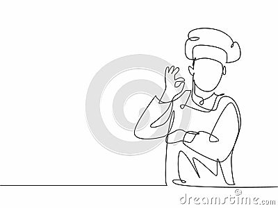 One continuous line drawing of young male chef pose casually while giving excellent food taste gesture. Restaurant banner concept Vector Illustration