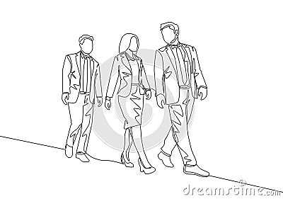 One continuous line drawing of young male and female managers talking and walking together on office lobby to go to canteen Vector Illustration