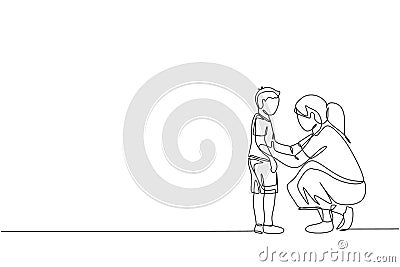 One continuous line drawing of young mother giving some wise advice talk to her son at home, family life. Happy parenting concept Vector Illustration