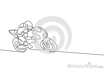 One continuous line drawing of young moto biker practicing to improve bike speed. Super bike racing concept vector illustration. Cartoon Illustration