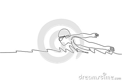 One continuous line drawing of young muscular professional swimmer focus swimming in sport center. Healthy sport fitness cardio Vector Illustration