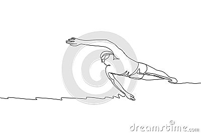 One continuous line drawing of young muscular professional swimmer man swimming in sport center. Healthy sport and fitness cardio Vector Illustration