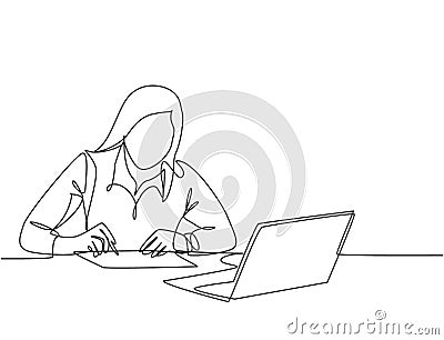 One continuous line drawing of young serious female worker sitting pensively while watching laptop screen at work desk. Business Vector Illustration