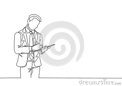 One continuous line drawing of young serious male manager standing and writing business proposal draft on clipboard Vector Illustration