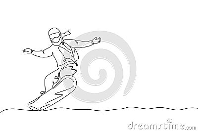 One continuous line drawing of young sporty man snowboarder riding snowboard in alps snowy powder mountain. Winter lifestyle sport Vector Illustration